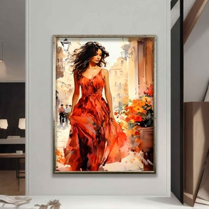 Woman in red dress canvas print, beautiful woman wall art, canvas painting