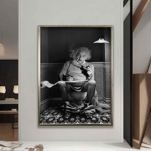 Einstein in the toilet black and white canvas painting, Einstein canvas gift, black and white famous physicist canvas print, Einstein poster