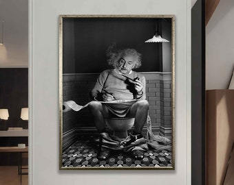 Einstein in the toilet black and white canvas painting, Einstein canvas gift, black and white famous physicist canvas print, Einstein poster