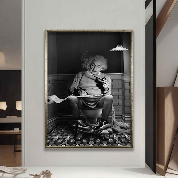 Peinture sur toile Einstein dans les toilettes en noir et blanc, cadeau toile Einstein, impression sur toile célèbre physicien noir et blanc, affiche Einstein