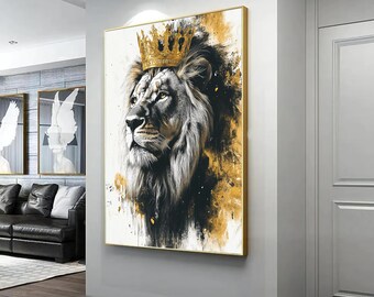 May include: A black and white lion with a gold crown on its head. The lion is set against a background of gold and black paint splatters.