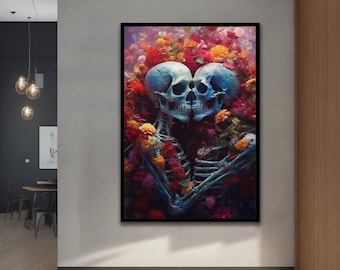 Impressão de arte de esqueletos apaixonados, arte de esqueleto, decoração de esqueleto floral, ideias de decoração modernas para casa e escritório com diferentes opções de moldura