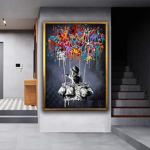 Tela per bambini Banksy che vola con palloncini, arte da parete con graffiti, arte per la camera dei bambini, tela per bambini Banksy che vola con palloncini, graffiti su tela per bambini che volano con palloncini immagine 1