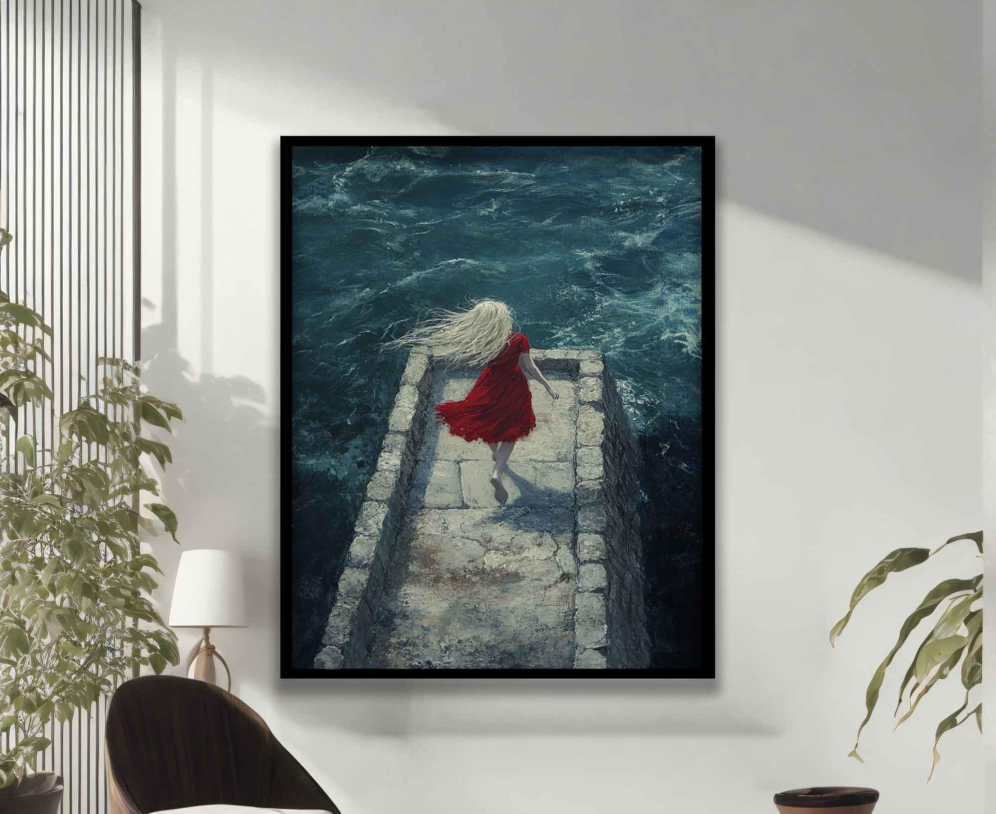 Alone Woman in the Sea Canvas Painting, Surreal Blonde Girl Poster ...