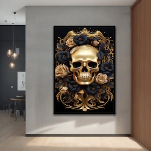 Goldener Schädel Kunstdruck auf Leinwand, Skelett Kunst, Goldener Schädel Dekor, moderne Deko-Ideen für Zuhause oder im Büro mit verschiedenen Rahmenoptionen