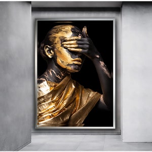 Gold Woman Closing Her Eyes Art Print, Gold Painted Black Woman Canvas Art, Black and Gold Woman Wall Art, modern home decor