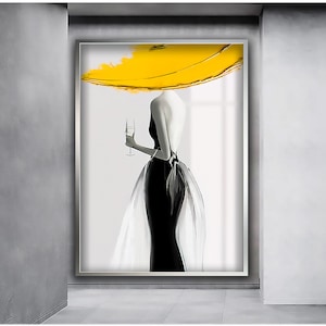 Cuadro sobre lienzo de mujer con sombrero amarillo, mujer con vestido negro, cuadro sobre lienzo de moda, póster de moda, cuadro sobre lienzo de mujer sexy con vestido negro