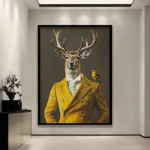 Veado em terno, arte abstrata de parede de veado, estampa animal