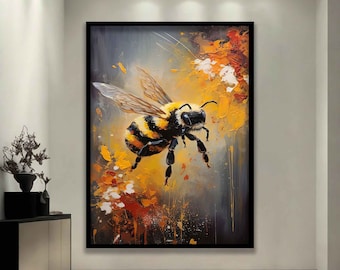 May include: A painting of a bumblebee in flight, with yellow and black stripes, against a colorful abstract background of orange, yellow, and white.