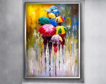 Walkers Under Umbrella Canvas Art Print, Colourful Umbrella Wall Hanging, Colour People Umbrella Canvas Wall Art Home Decor Poster Printing