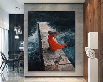 Woman With Red Dress Wall Decor, surreal blonde girl poster, seascape art, girl in red dress canvas print, beautiful woman home decor