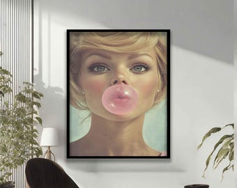 Lienzo con grafiti de mujer gomosa, lienzo con chorro de chicle, arte pop de mujer grafiti, arte mural de Banksy, pintura sobre lienzo de mujer