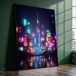 以下が含まれることがあります： 未来的な夜の都市を描いた額入りのアートプリント。ピンク、青、オレンジ色の鮮やかなネオンサインがシーンを照らし、濡れた表面に反射しています。このアートワークは、サイバーパンクの美学を連想させます。