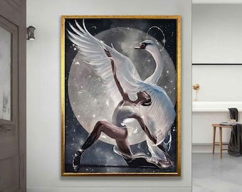 Canvasafdruk balletdanser, canvas ballerina en zwaan, muurdecoratie vrouw portret ballerina