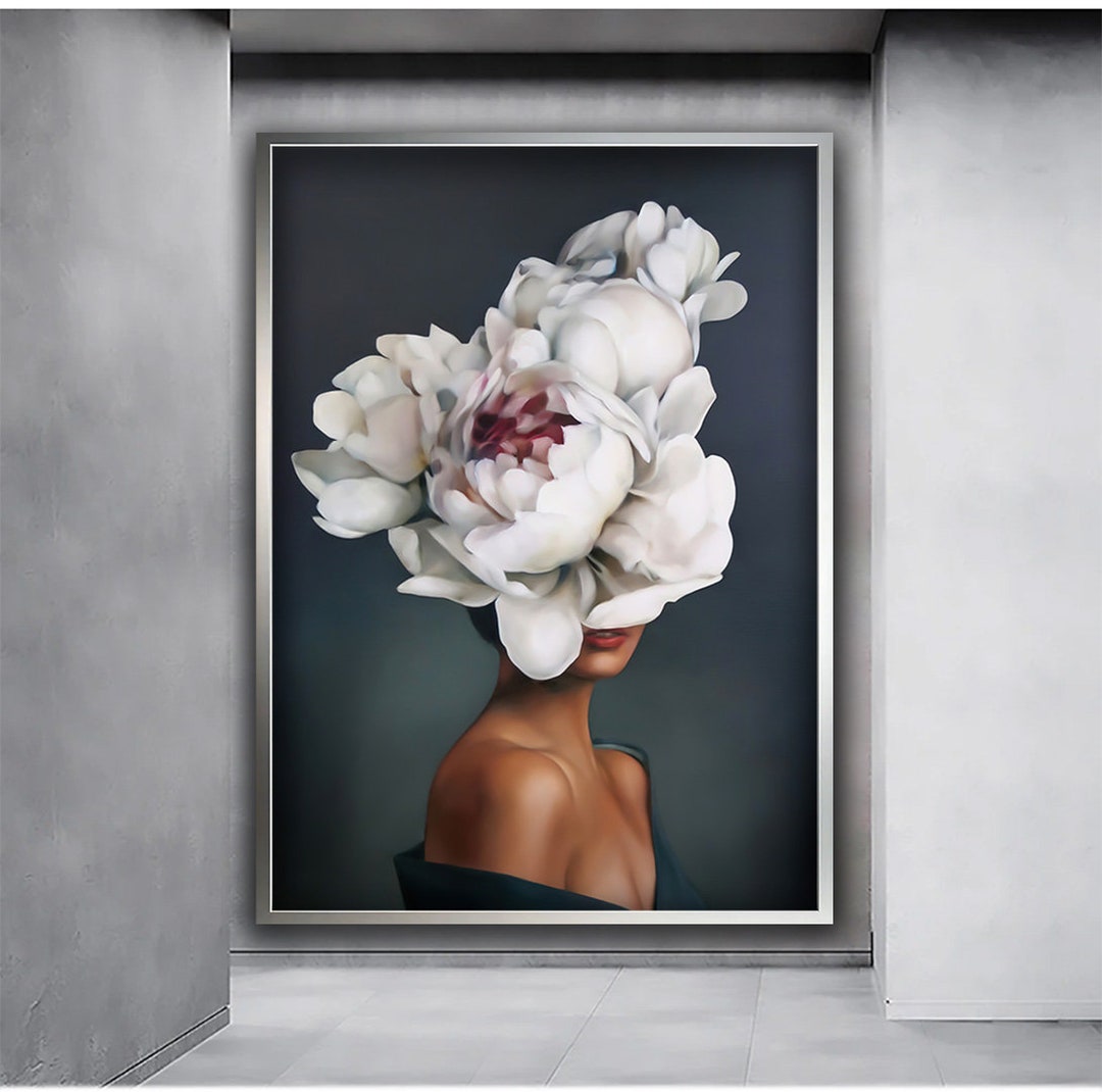 Flower Headed Woman Wall Art, Woman With White Flower Head Canvas Print