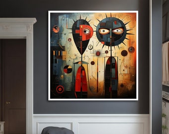 May include: Abstract painting featuring two stylized figures with large eyes and geometric shapes. The figures are set against a background of swirling lines and circles in shades of blue, red, yellow, and brown.