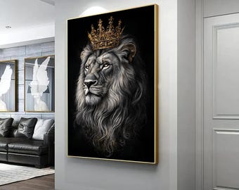 May include: A black and white illustration of a lion wearing a gold crown. The lion's mane is long and flowing, and the crown is ornate and detailed. The background is black.