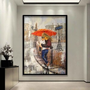 Toile d'amoureux s'embrassant sous un parapluie, art mural couple avec parapluie rouge, peinture d'amour, impression d'amour image 4