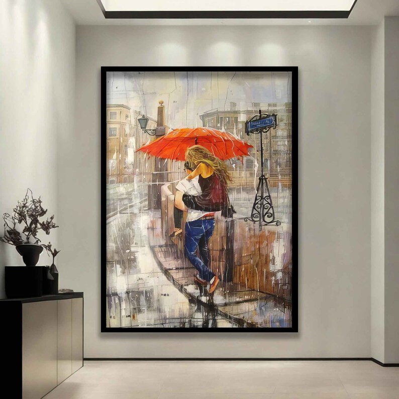 Toile d'amoureux s'embrassant sous un parapluie, art mural couple avec parapluie rouge, peinture d'amour, impression d'amour image 4