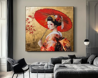 Geisha Umbrella Canvas, Traditional Art, Japanese Wall Art, Ethnic Framed Canvas, Wall Art Canvas Design, geisa painting