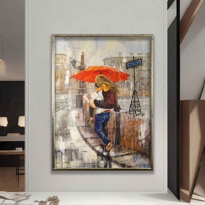 Toile d'amoureux s'embrassant sous un parapluie, art mural couple avec parapluie rouge, peinture d'amour, impression d'amour image 2