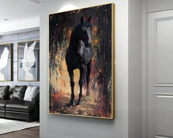 Black horse canvas decor, black horse in landscape wall poster, black horse decor, black horse wall art