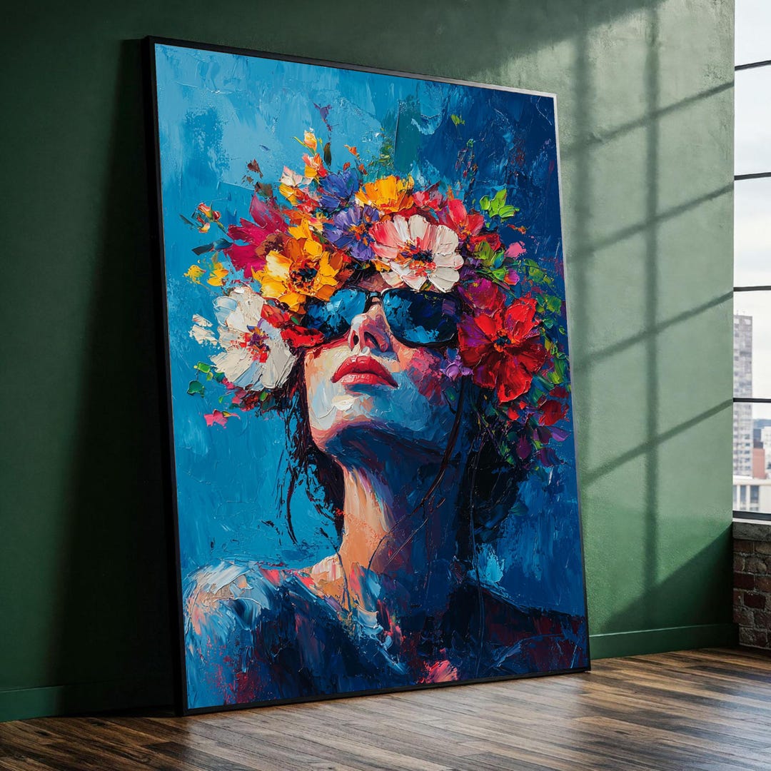 Vibrant Floral Crown Woman Portrait, Colorful Abstract Canvas Wall Art ...
