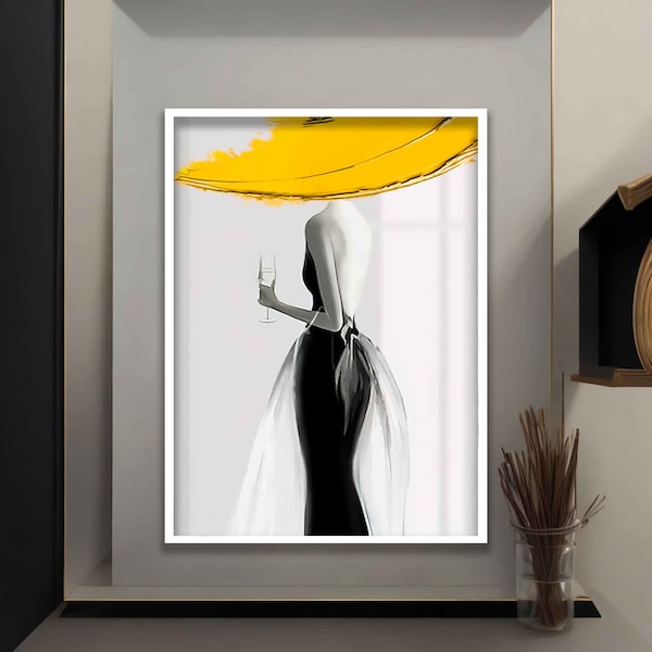 Silhouette de femme au chapeau jaune, toile, dessin de femme, impression de femme au chapeau