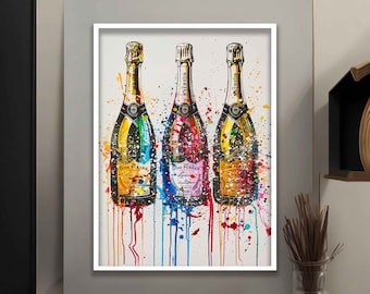 May include: Three champagne bottles with colorful paint splatters on a white background. The bottles are labeled "Dom Pérignon" and have gold foil around the neck. The bottles are arranged in a row, with the middle bottle slightly higher than the others.
