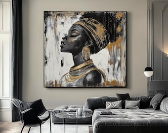 Frau in Golddruck, afrikanische Kunst, afrikanische Frau Kunst, schwarze Frau Kunst, afrikanische Frau, schwarze Frau Wandkunst, ethnische Afro Mädchen Leinwand Wandkunst