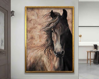 May include: A painting of a black horse with a flowing mane, set against a brown and beige background. The horse's head is facing the viewer, and its eyes are visible. The painting is framed in a gold frame.
