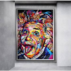 Einstein canvas painting, Albert Einstein graffiti painting, Albert einstein portrait, Oil painting on canvas, Illustration Wall Decor