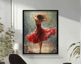 May include: A painting of a woman in a red dress twirling in the rain. The woman has long brown hair and is wearing a red dress with a flowing skirt. The background is a blurred image of a rainy street.