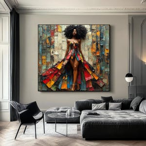 Sinnliche afrikanische Frau Leinwanddruck, schwarze Frau Kunst, ikonische afroamerikanische Frau im bunten Kleid Wandkunst