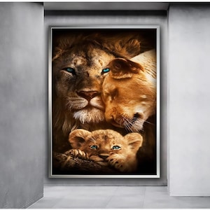 Lion and His Family Art Print, Animals Wall Art, Wildlife Art Print, Animals Couple Romantic Love Wall Art Art Canvas Art, Gift Decors