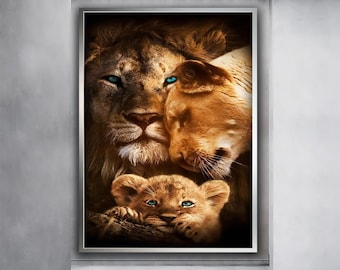 Leeuw en zijn familie Art Print, dieren kunst aan de muur, Wildlife Art Print, dieren paar romantische liefde muur kunst kunst canvas kunst, cadeaudecors