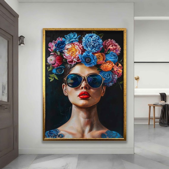 Leinwand Gemälde von Frau mit Blume Kopf und Brille, Frau Wandbild