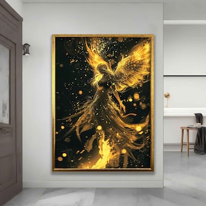 Goldener Engel Frau Leinwanddruck, Phönix Frau Malerei, Engel Wandkunst, goldene Farbe Malerei