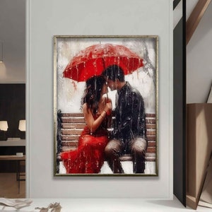 Canvas painting of couples kissing under the rain, couple with red umbrella, love painting, love canvas, love poster, gift for lover