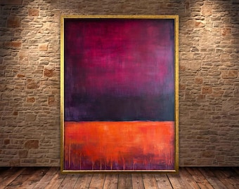 May include: Abstract painting in a gold frame with a dark purple and orange color scheme. The painting is hanging on a brick wall.
