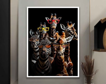 Giraffes with glasses canvas art, funny giraffe portrait, giraffe poster, colorful giraffes wall art