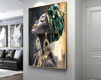 May include: A painting of a woman with dark skin wearing a green and gold head wrap and gold jewelry. The background is a gold and black abstract design.