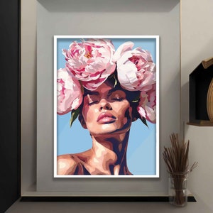 Flower Head Woman Canvas Art, Flower Head Woman Wall Art, Floral Woman Canvas Print, Woman Portrait Canvas