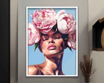 Flower Head Woman Canvas Art, Flower Head Woman Wall Art, Floral Woman Canvas Print, Woman Portrait Canvas