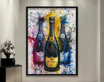 May include: Three champagne bottles with colorful paint splatters on a white background. The bottles are labeled "Dom Perignon" and have gold foil around the neck. The bottles are arranged in a row, with the middle bottle slightly forward. The paint splatters are in various colors, including red, blue, yellow, and green.