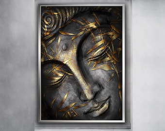 May include: A black and gold Buddha statue with gold leaf accents and a serene expression. The statue is surrounded by gold leaves, creating a sense of peace and tranquility.