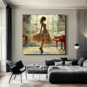 Girl playing the piano art, notes and piano abstract music painting, music room wall decor, piano and woman poster