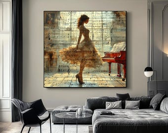 Girl playing the piano art, notes and piano abstract music painting, music room wall decor, piano and woman poster