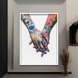 Couple Holding Hands Graffiti Painting, Lovers Holding Hands Art Canvas, Lovers Holding Hands Wall Decor, Couple Gift