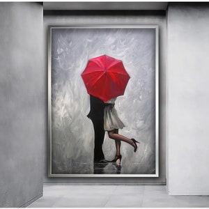 Couple embracing canvas painting, Woman with umbrella canvas painting, Two lovers canvas painting, Wall art canvas design, Framed canvas